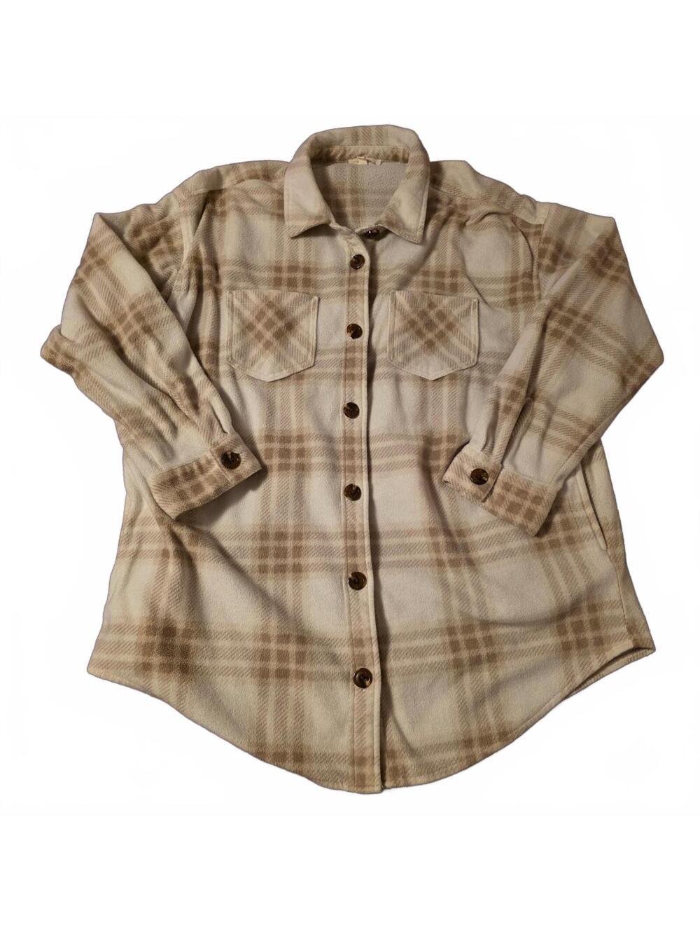 Wmn's Large Maurices beige plaid button-front shirt jacket